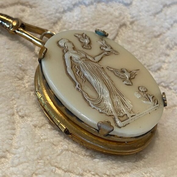 Vintage Large EMBOSSED IVORY& Brass LOCKET * Mythical Goddess & Birds * 2 photos - Picture 2 of 8